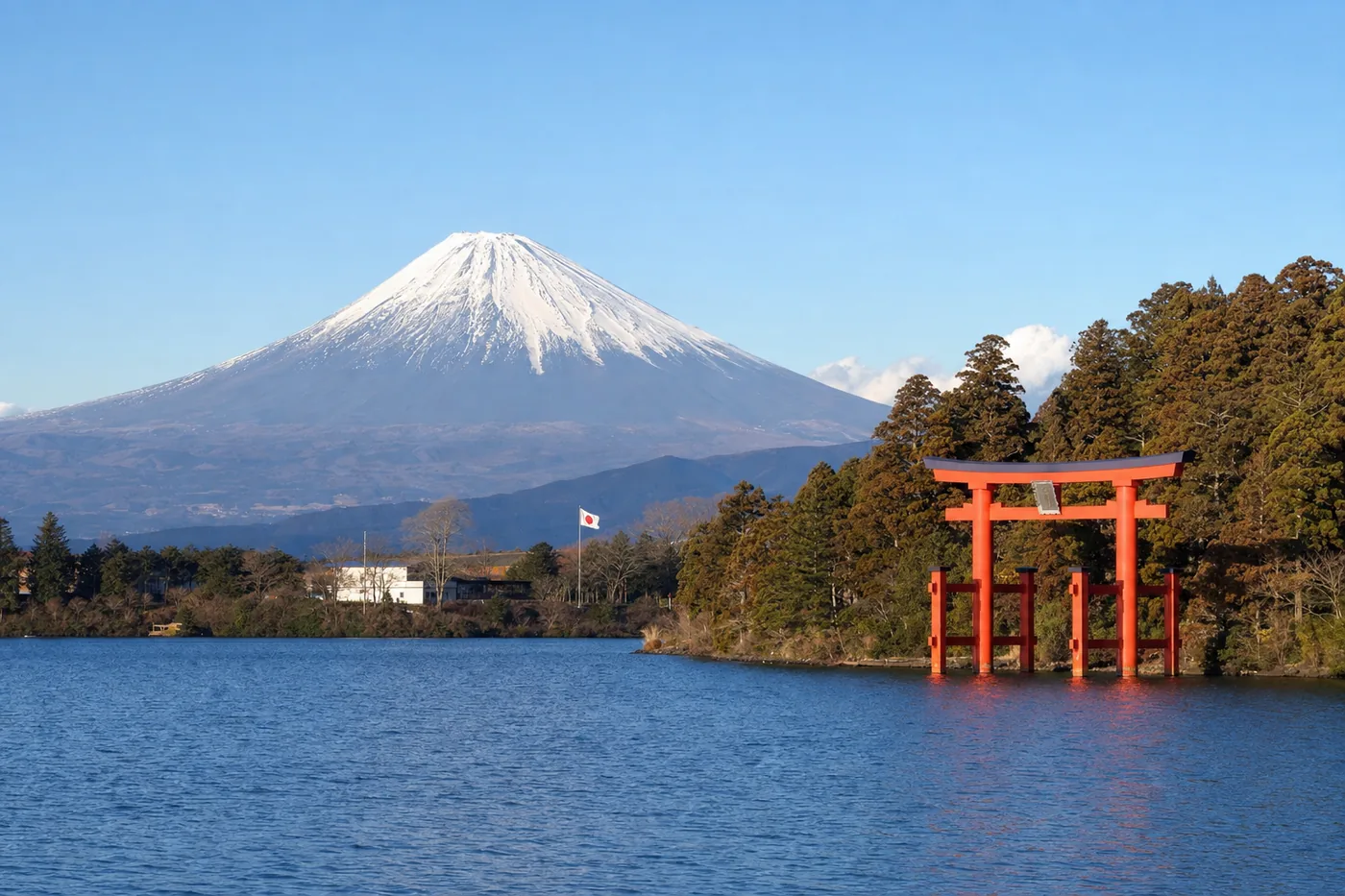 Japonia – znany zabytek z flagą narodową
