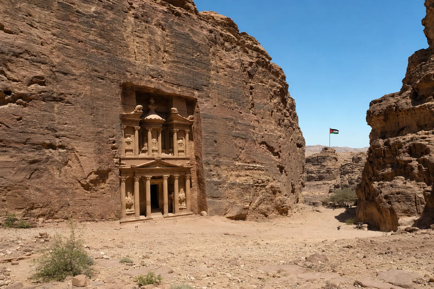 Jordania – znany zabytek z flagą narodową