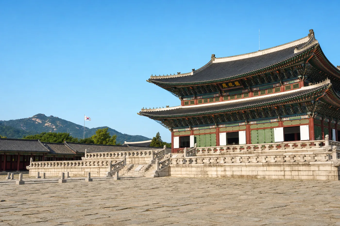 Korea Południowa – znany zabytek z flagą narodową