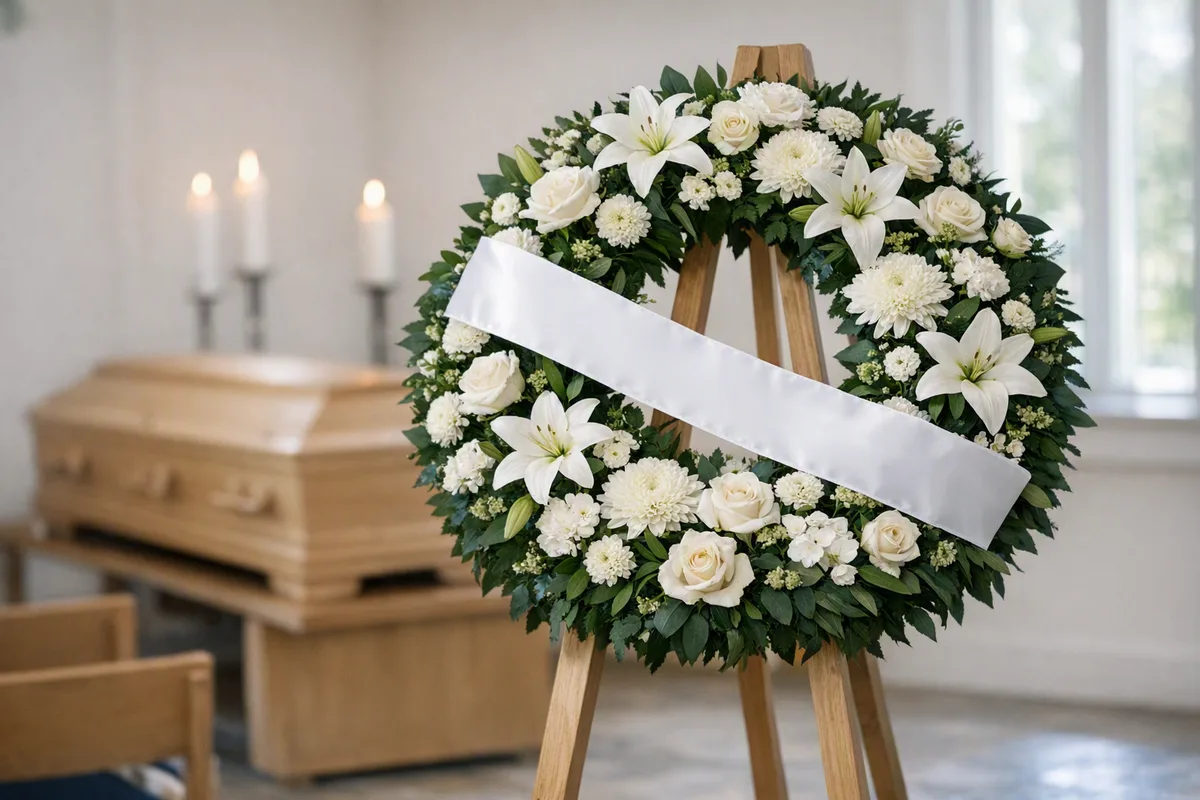 Wieniec pogrzebowy z białych lilii i róż na stojaku z szarfą